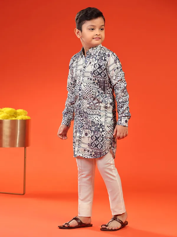 Trendy white printed silk kurta suit