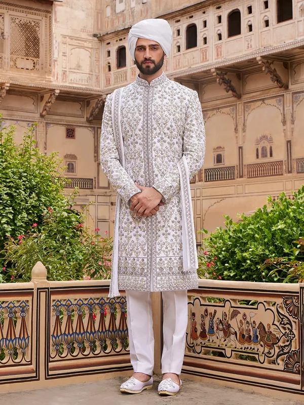 Trendy white silk sherwani