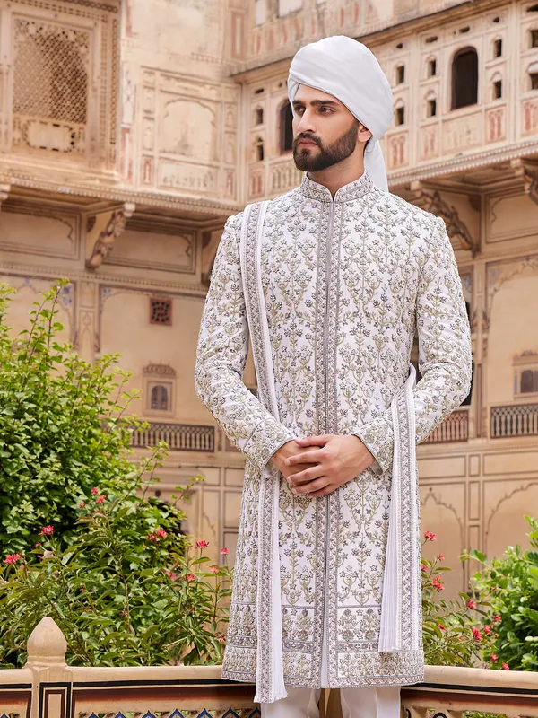 Trendy white silk sherwani