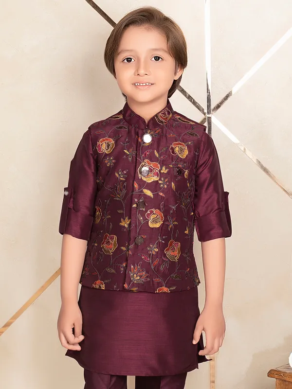Trendy wine silk waistcoat set for boys