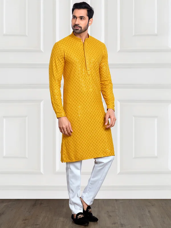 Trendy yellow art rayon cotton kurta suit