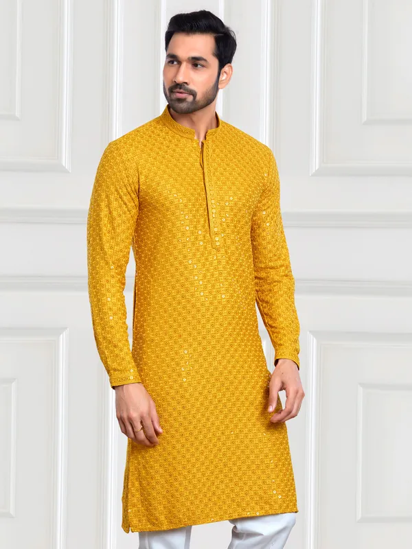 Trendy yellow art rayon cotton  Men Kurta pajama