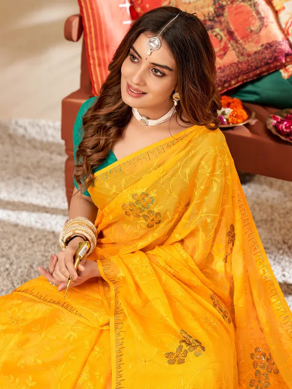 Trendy yellow chiffon saree