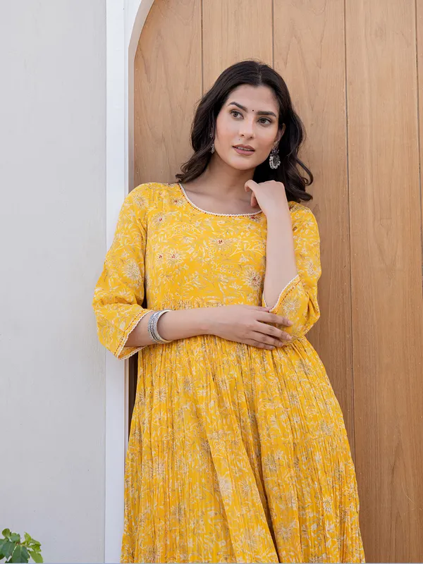 Trendy yellow cotton printed long kurti