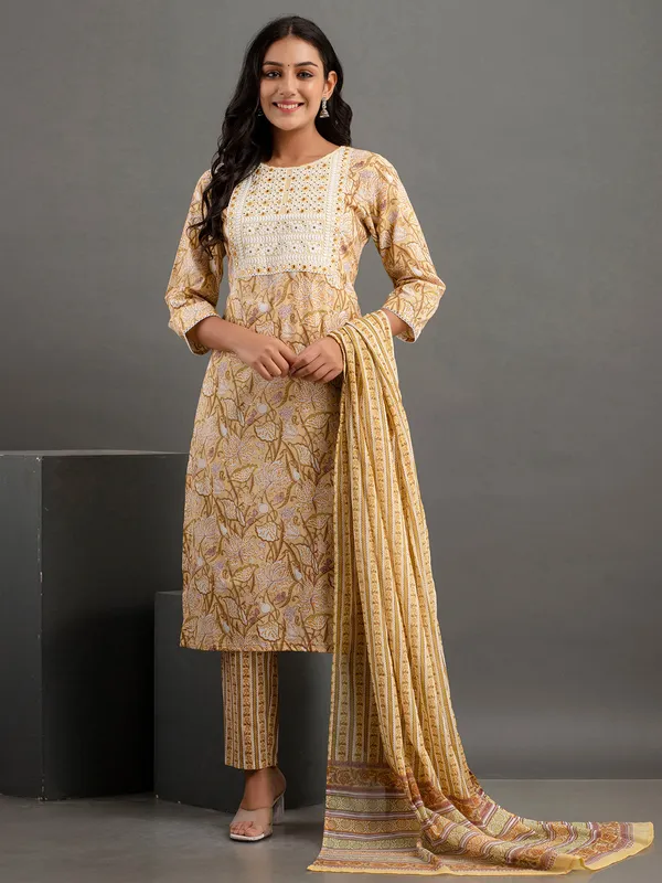 Trendy yellow printed cotton kurti set