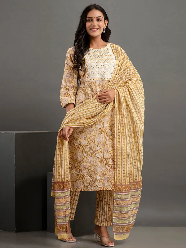 Trendy yellow printed cotton kurti set