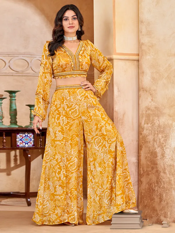 Trendy yellow printed crop top with palazzo