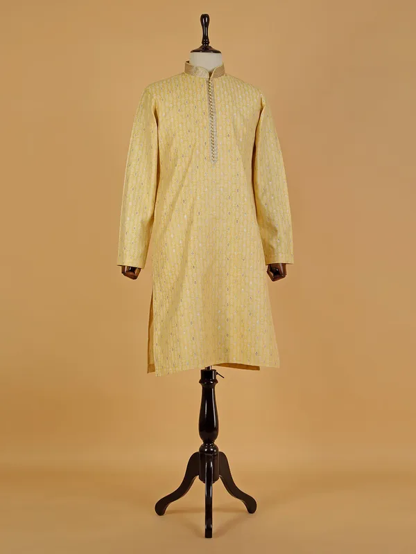 Trendy yellow printed silk  Men Kurta pajama