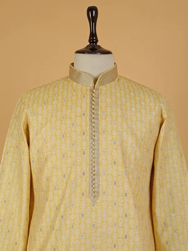 Trendy yellow printed silk  Men Kurta pajama