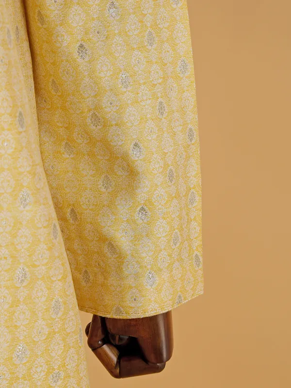 Trendy yellow printed silk  Men Kurta pajama