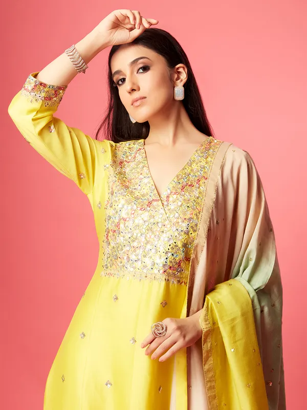 Trendy yellow silk palazzo suit