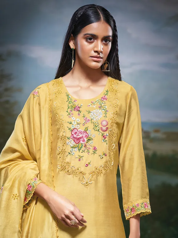 Trendy yellow silk palazzo suit with dupatta