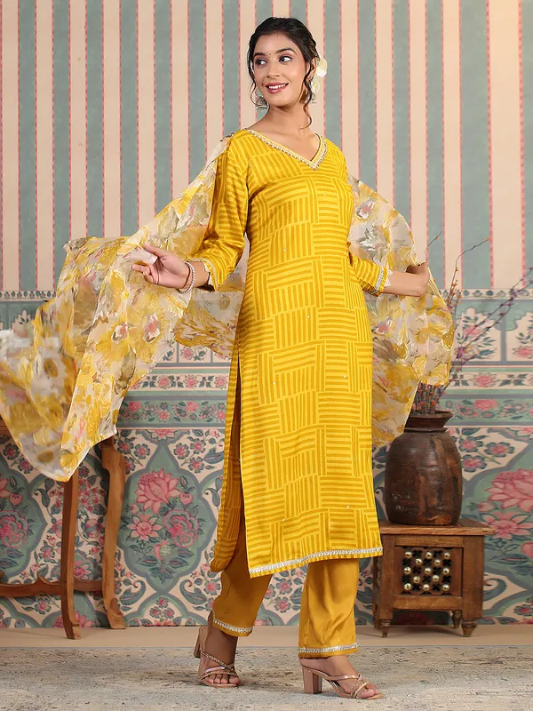 Trendy yellow silk printed kurti set