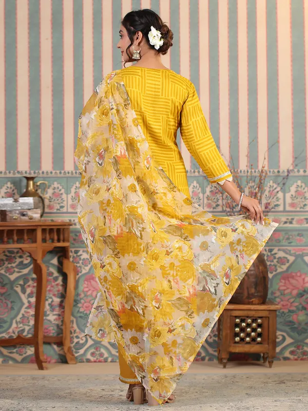 Trendy yellow silk printed kurti set