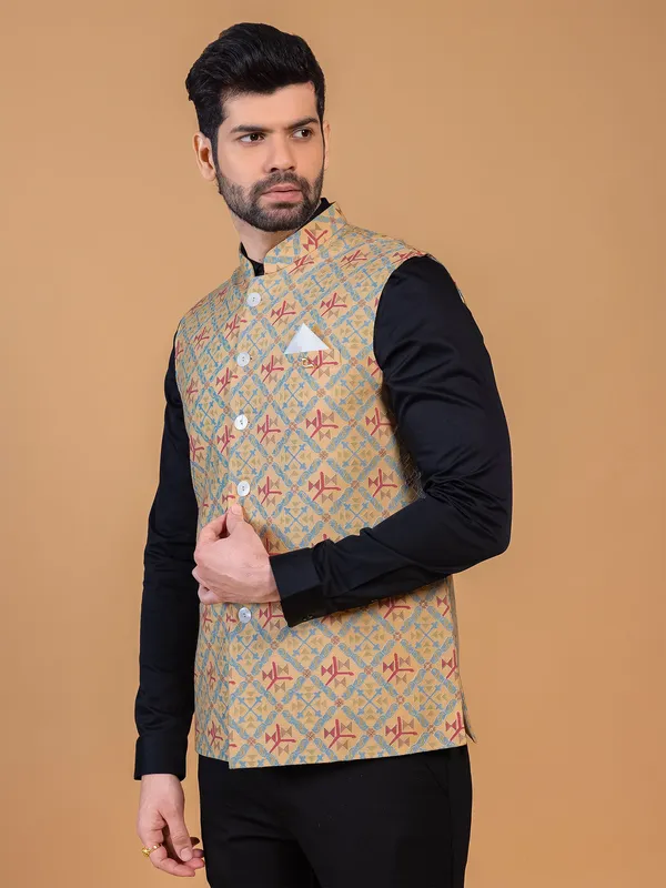 Trendy yellow silk printed waistcoat