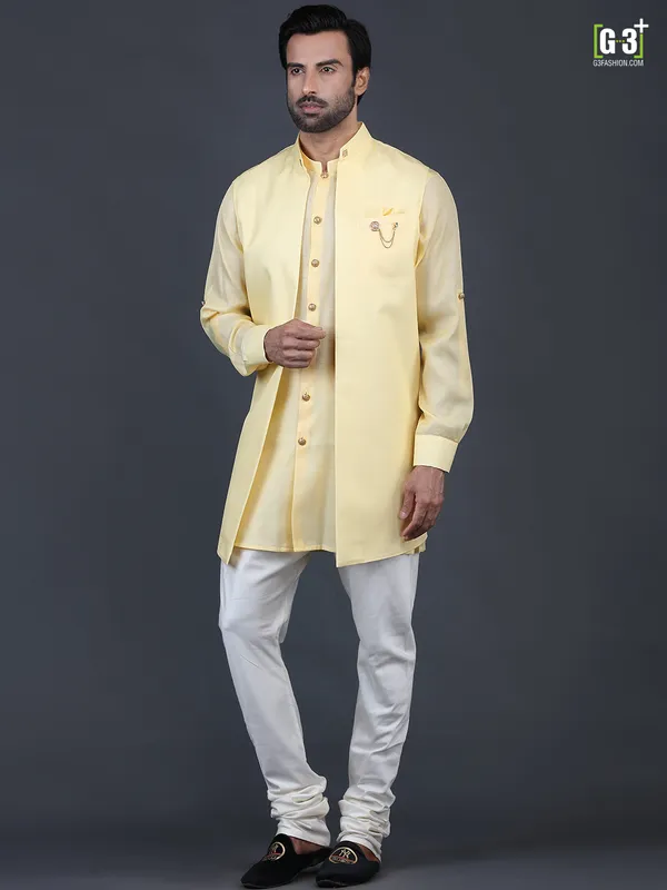 Trendy yellow solid cotton silk mens waistcoat set
