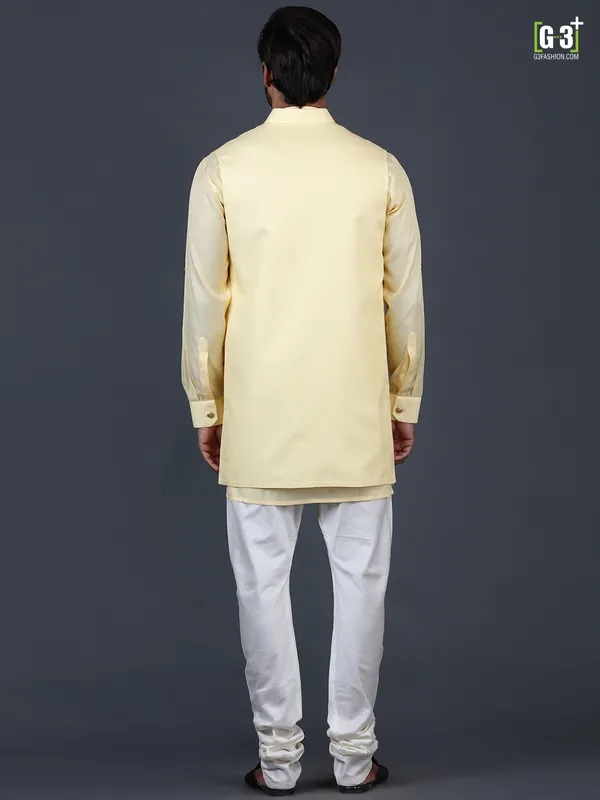 Trendy yellow solid cotton silk mens waistcoat set