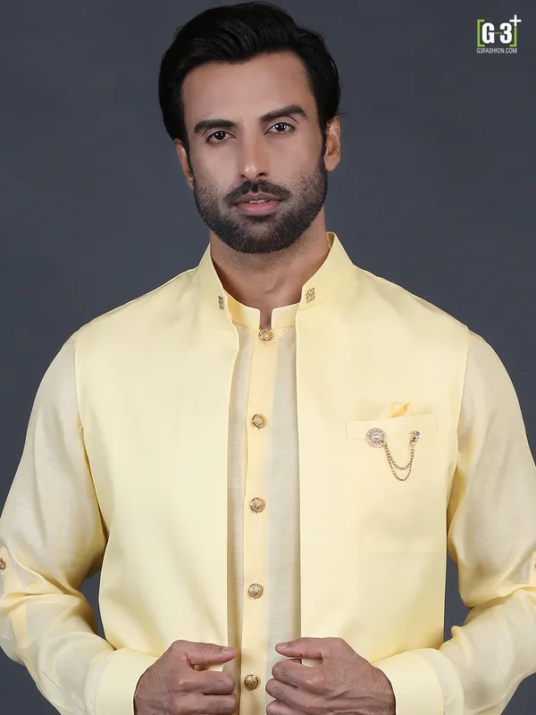 Trendy yellow solid cotton silk mens waistcoat set