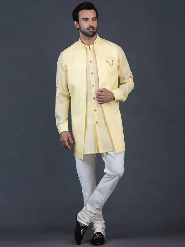 Trendy yellow solid cotton silk mens waistcoat set