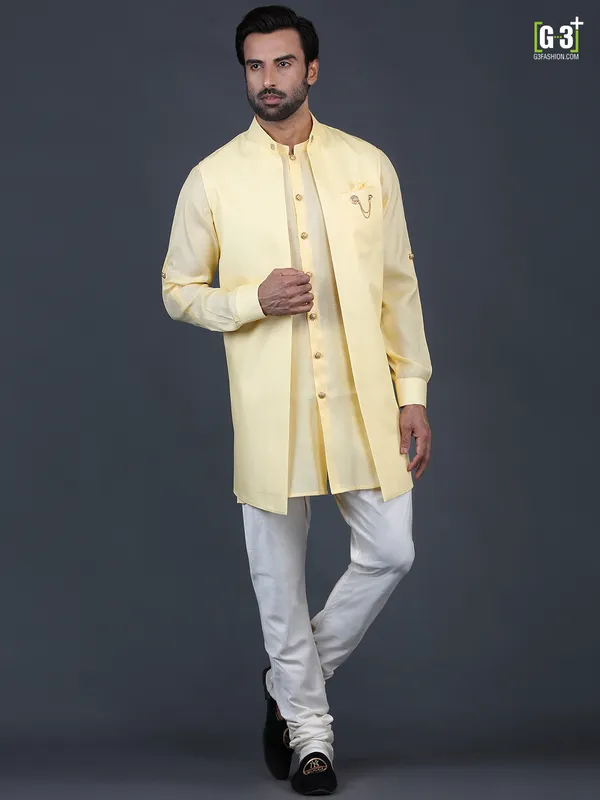 Trendy yellow solid cotton silk mens waistcoat set
