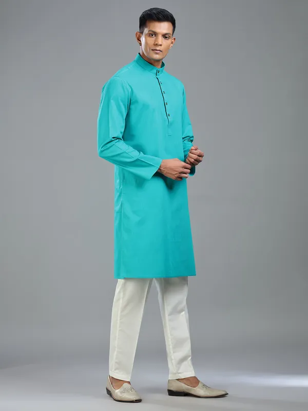Turkish blue plain yet stylish kurta suit for men