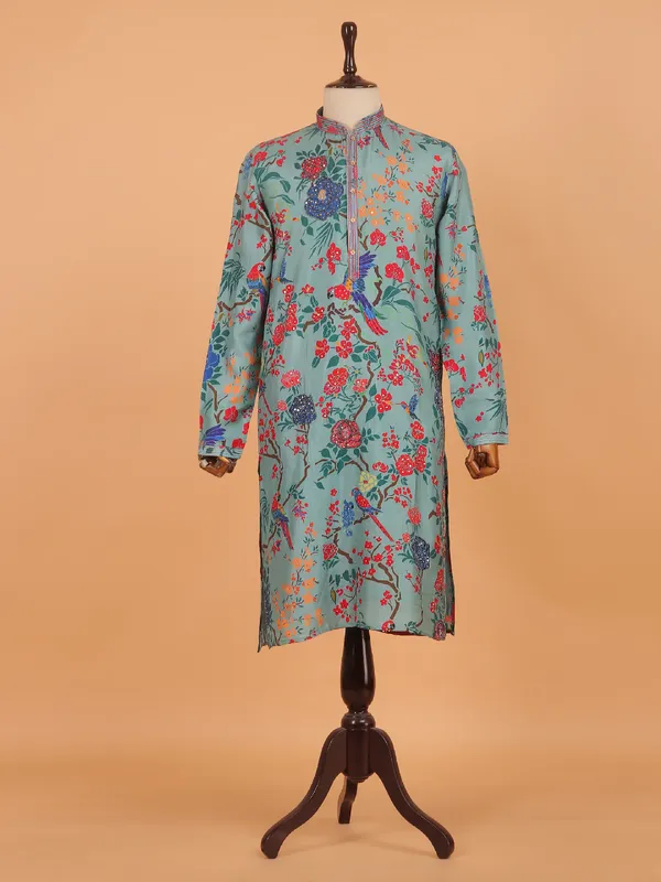 Turqoise blue printed festive kurta for men