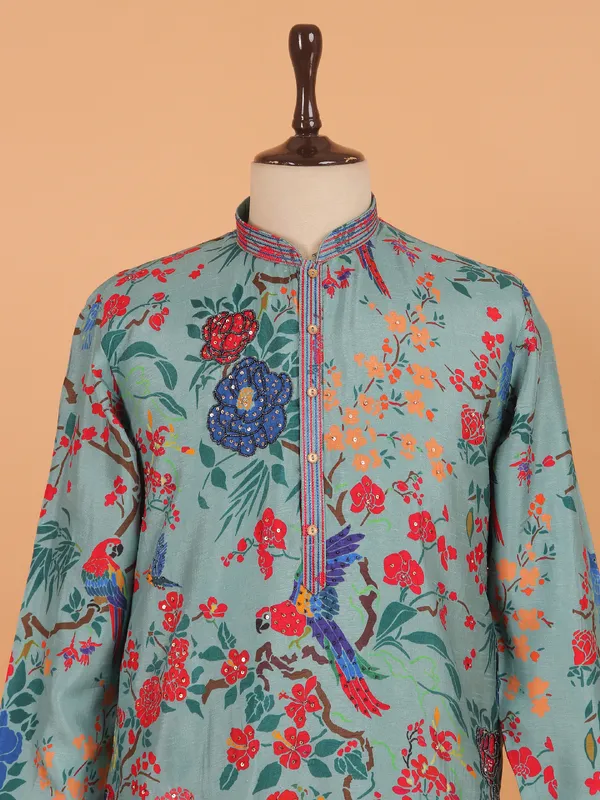 Turqoise blue printed festive kurta for men