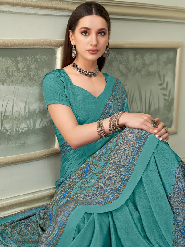 Turquise blue casual wear crepe saree
