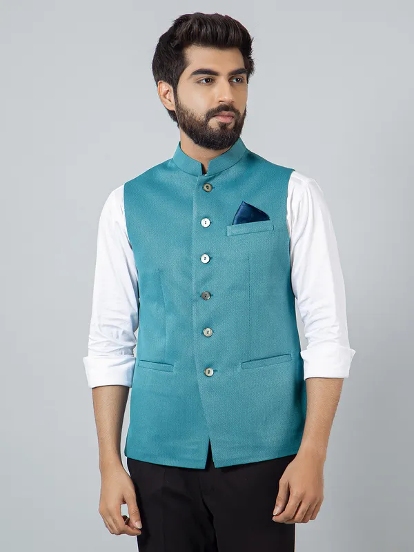 Turquoise blue hue cotton silk solid waistcoat set
