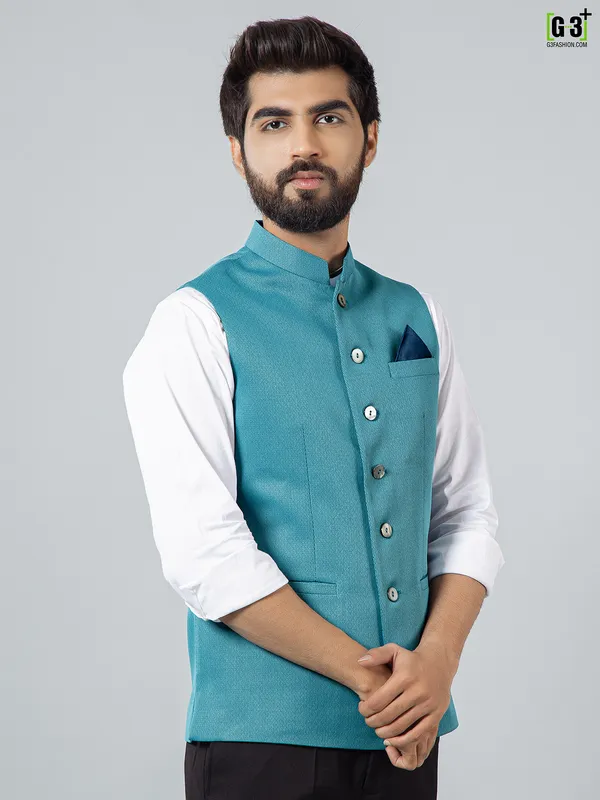 Turquoise blue hue cotton silk solid waistcoat set