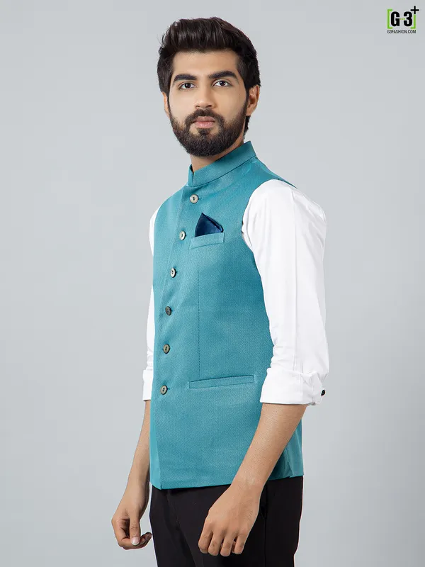 Turquoise blue hue cotton silk solid waistcoat set