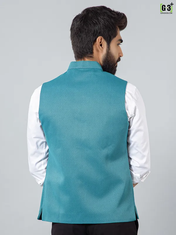 Turquoise blue hue cotton silk solid waistcoat set