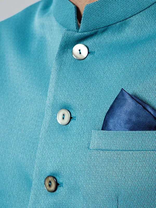 Turquoise blue hue cotton silk solid waistcoat set