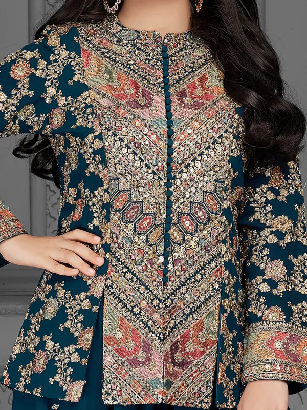 Turquoise blue jacket style salwar suit