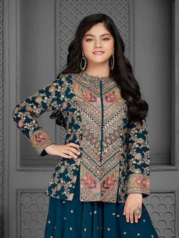 Turquoise blue jacket style salwar suit