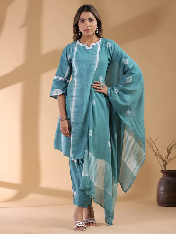 Turquoise blue kurti set in cotton silk
