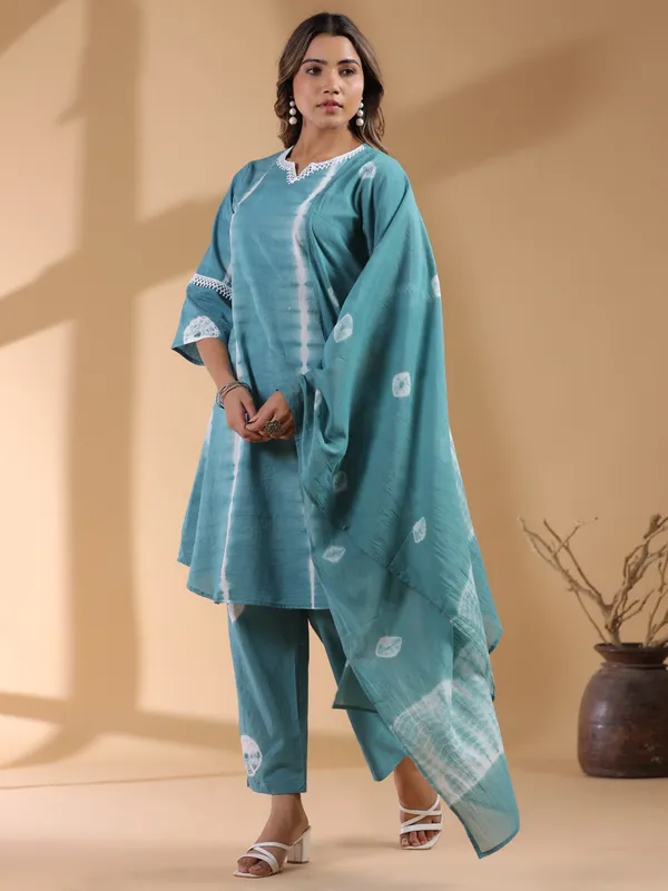 Turquoise blue kurti set in cotton silk
