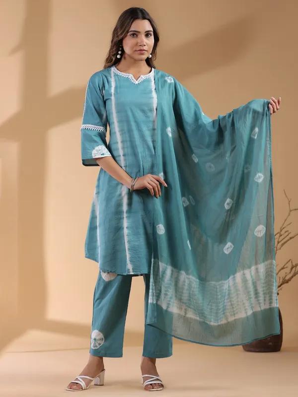 Turquoise blue kurti set in cotton silk