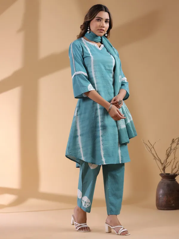 Turquoise blue kurti set in cotton silk