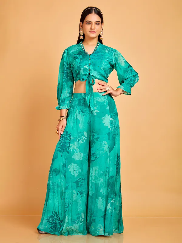 Turquoise blue printed georgette co ord set