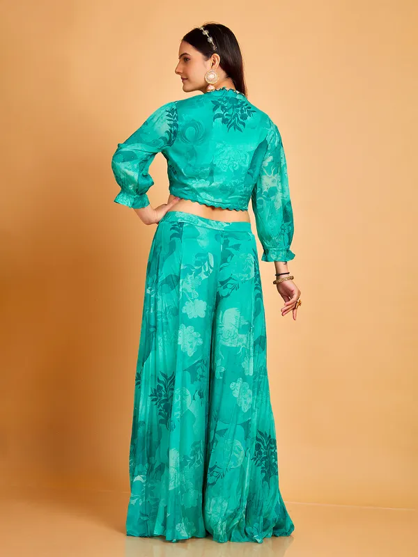 Turquoise blue printed georgette co ord set