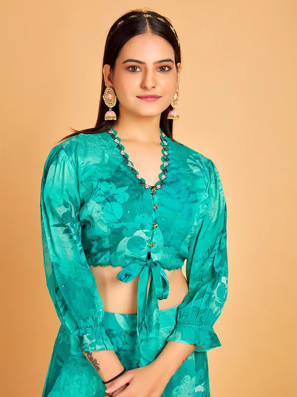 Turquoise blue printed georgette co ord set