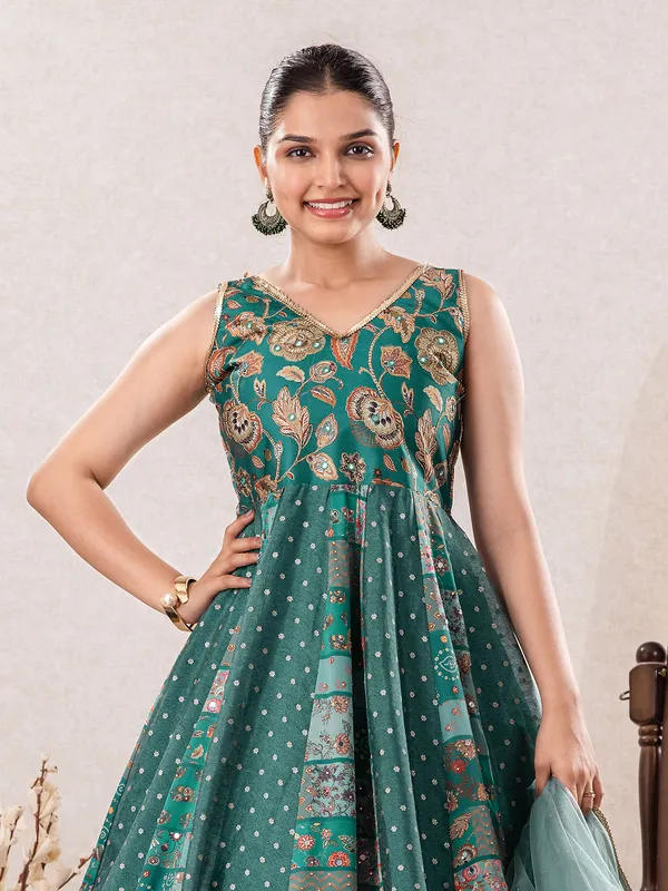 Turquoise green anarkali style salwar suit