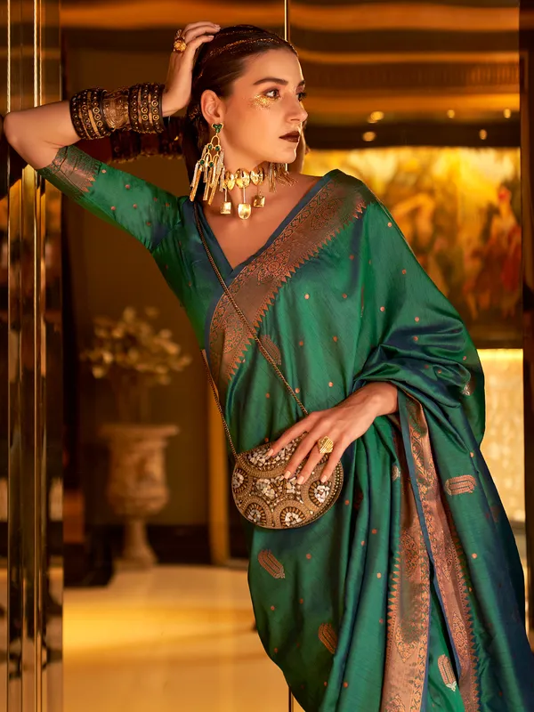 Tusser silk dark green saree with zari weaving