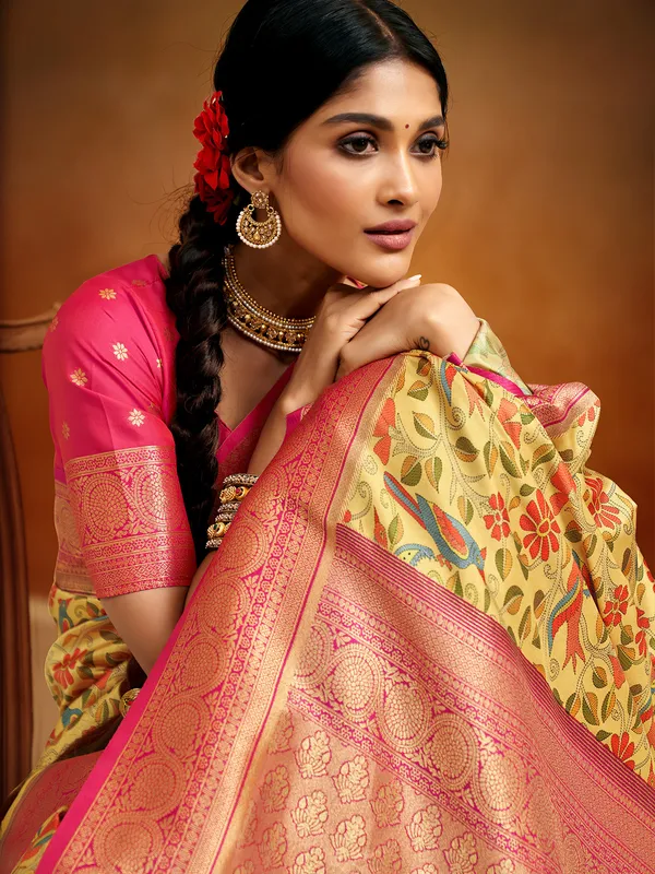 Tusser silk yellow saree for wedding