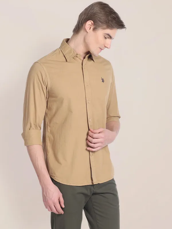 U S POLO ASSN beige plain full sleeves shirt