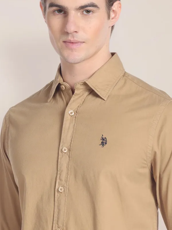 U S POLO ASSN beige plain full sleeves shirt