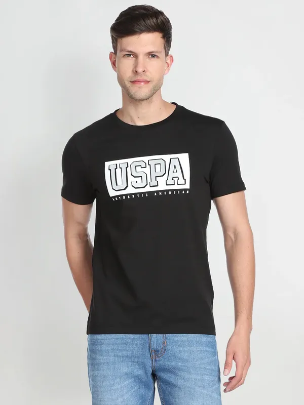 U S POLO ASSN black cotton printed t shirt