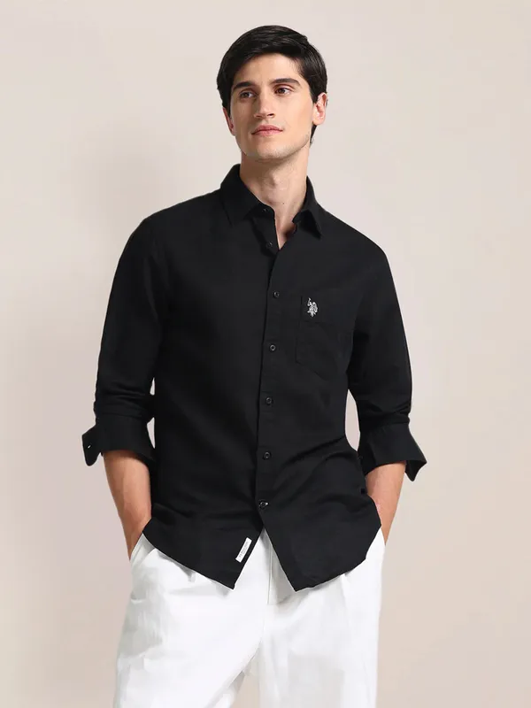 U S POLO ASSN black plain cotton slim fit shirt