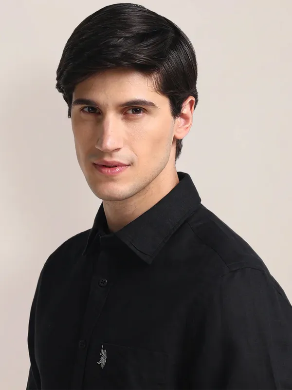 U S POLO ASSN black plain cotton slim fit shirt